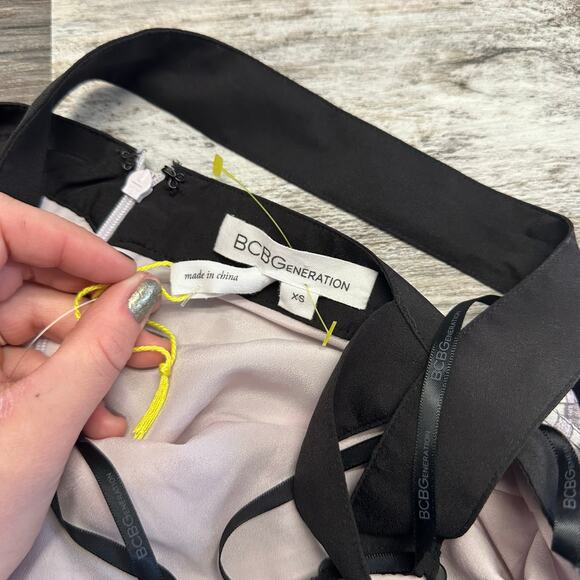 BCBGeneration Purple Plaid Black XS Cross Back Sheer Lined Cutout Maxi Dress NEW - Picture 7 of 8